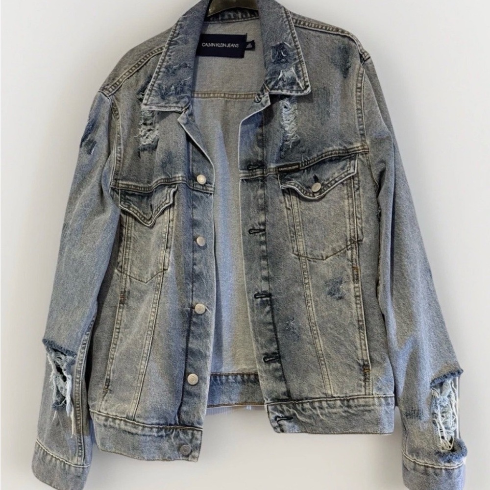 Calvin Klein Jeans Distressed Ripped Denim Jacket Mens Size L